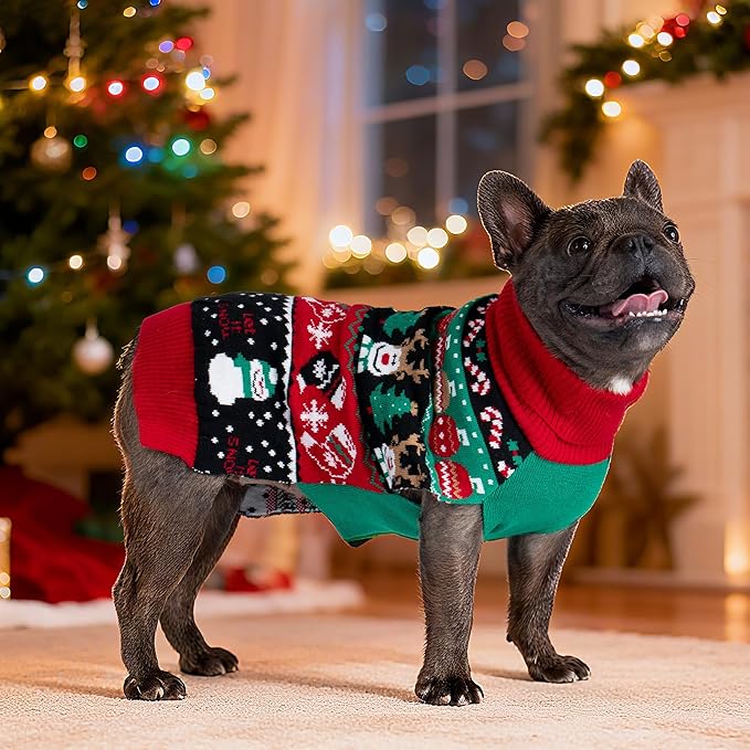 cyeollo Dog Christmas Sweater, Dog Winter Clothes for Small Dogs Turtleneck Warm Puppy Sweater with Leash Hole Soft Xmas Sweaters Female & Male Appeal, M