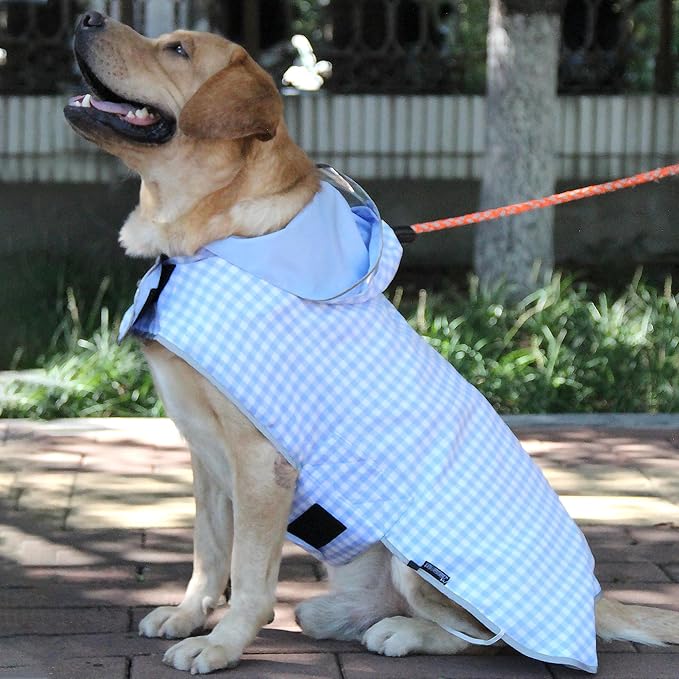 MAMORE Dog Raincoat Reversible,Waterproof Dog Rain Coat Hooded Slicker Poncho with Reflective Strip, Plaid Double Layer Rain Jacket for Small Medium Large Dogs (Light Blue, X-Large)