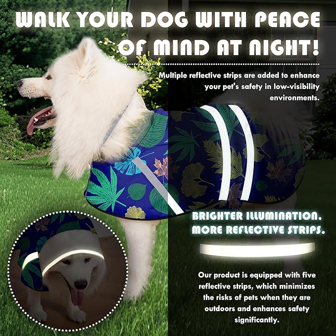 Dog Raincoat, Adjustable Rain Jacket with Hooded Double Layer for Large Medium Small Dogs Puppies, Lightweight Waterproof Rain Coat Poncho with Reflective Stripe Leaf Blue,S
