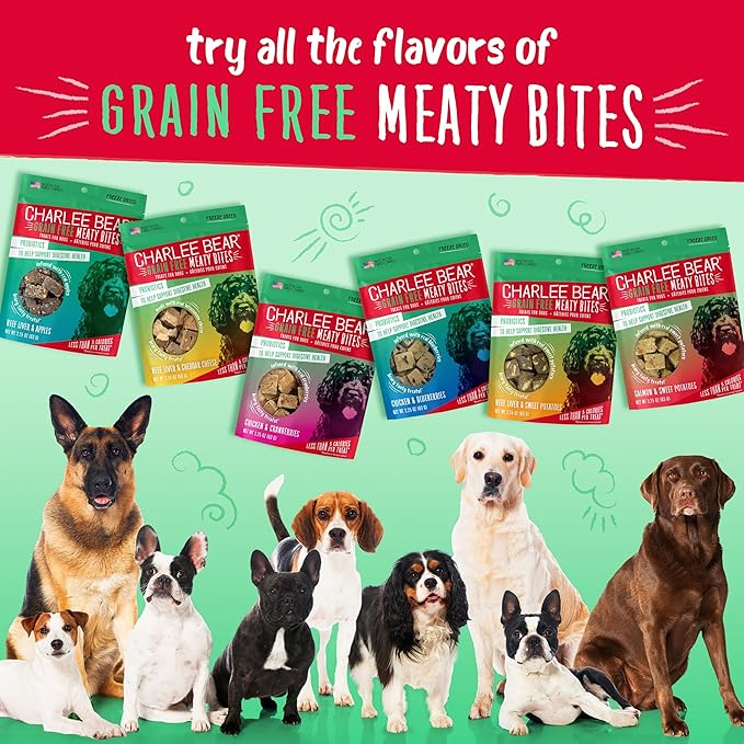 Charlee Bear Grain Free Meaty Bites Freeze Dried Dog Treats with Probiotics, Puppy Training Snacks, Soft Dog Bites Beef Liver with Sweet Potato, 2.25 oz Bags (2), Made USA