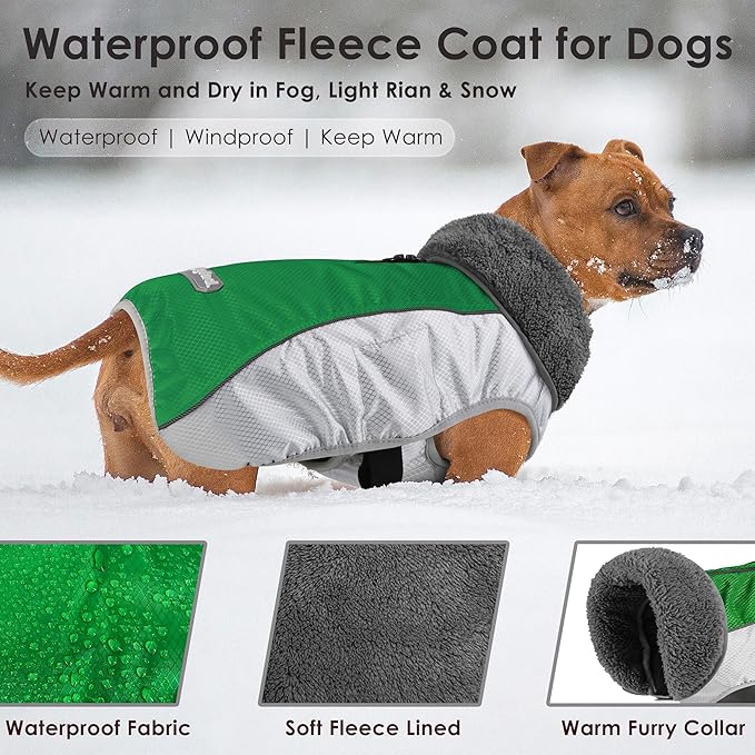 Dog Coat, Waterproof Ripstop Dog Winter Jacket with Leash Hole, Reflective Adjustable Warm Pet Fleece Snow Sweater for Small Medium Large Dogs - Green, L