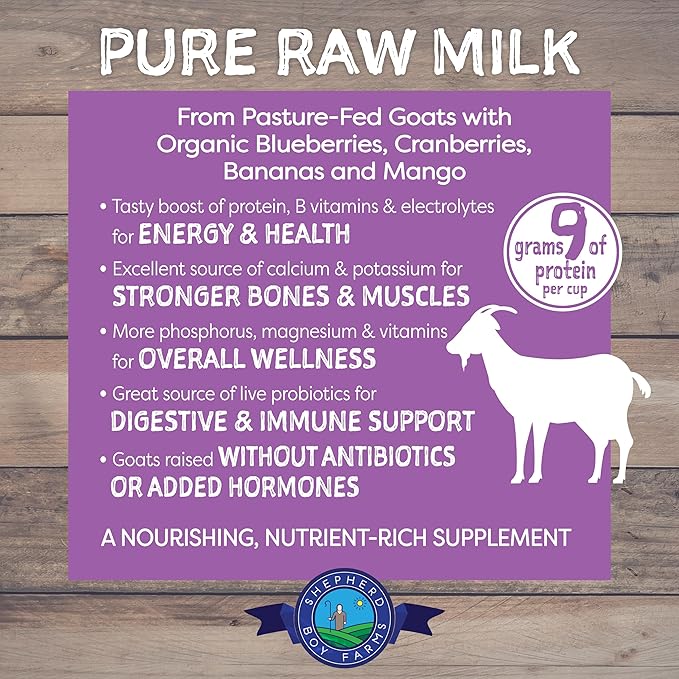 Shepherd Boy Farms Freeze Dried Raw Goats Milk with Probiotics for Dogs & Cats (Super Fruits), Organic USA Fruit, Digestible Goat Milk Powder, Raw Nutrition, High Protein Food Toppers - Makes 32 FL OZ