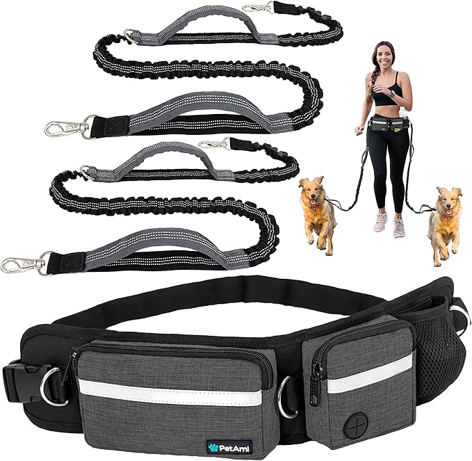 PetAmi Hands Free Dog Leash, Dog Running Leash Belt Bag for Walking, Jogging, Dog Waist Double Zipper Pouch with Poop Bag Dispenser, Dual Padded Handles Reflective Bungee Leash, Double (Charcoal Grey)