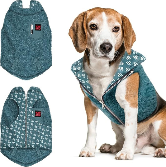 Tuff Pupper Reversible Fleece Sweater Vest for Dogs | Lightweight Comfortable Insulated Jacket | Front Zip Closure | Machine Washable | Built-in Leash Hole | Sizes for All Breeds (Medium, Teal)