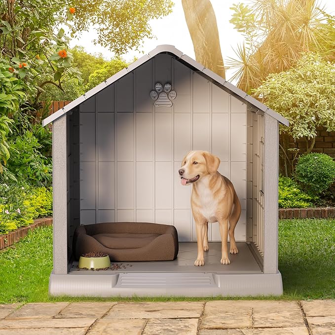 Dog House for Outdoor & Indoor Use with Window, Waterproof Ventilated Kennel with Elevated Floor, Easy to Clean Shelter for Small Medium Large Dogs (Grey, 37.2" L x 40" W x 40" H)