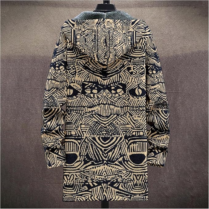 Mens Aztec Print Hoodie Heavyweight Cotton Fleece Jacket Zip Up Warm Long Sleeve Hooded Winter Midi Coat