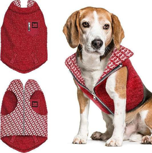 Tuff Pupper Reversible Fleece Sweater Vest for Dogs | Lightweight Comfortable Insulated Jacket | Front Zip Closure | Machine Washable | Built-in Leash Hole | Sizes for All Breeds (Medium, Red)