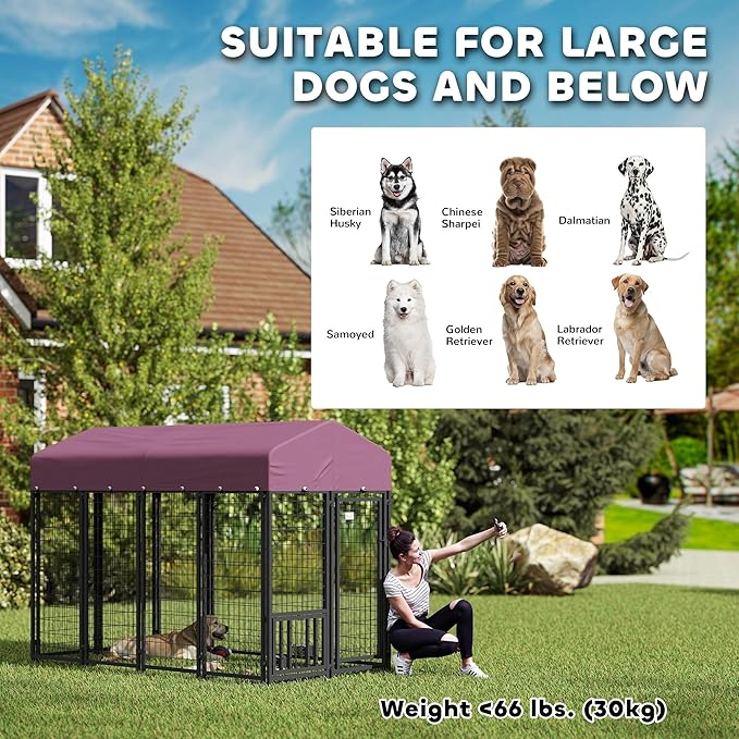 PawHut 8' x 4' x 6' Outdoor Dog Kennel, Welded Wire Dog Kennel Outside Run with 360° Rotating & 4 Level Adjustable Bowls, Waterproof & UV Resistant Cover, for S&M&L Breeds, Chickens, Ducks, Red