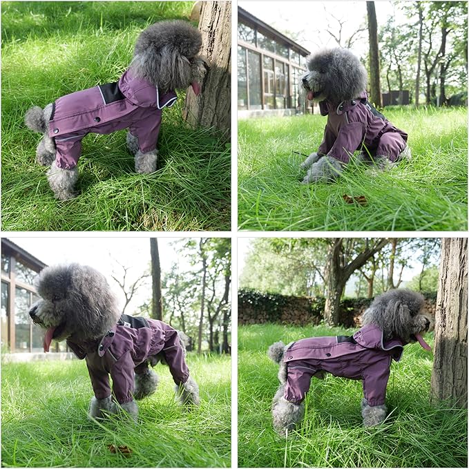 LOVELONGLONG Waterproof Dog Raincoat with Removable Hood – Outdoor Full Body Dog Jacket, Windproof Snowproof Shell Suit – All Season Pet Rain Gear Plum Purple XS