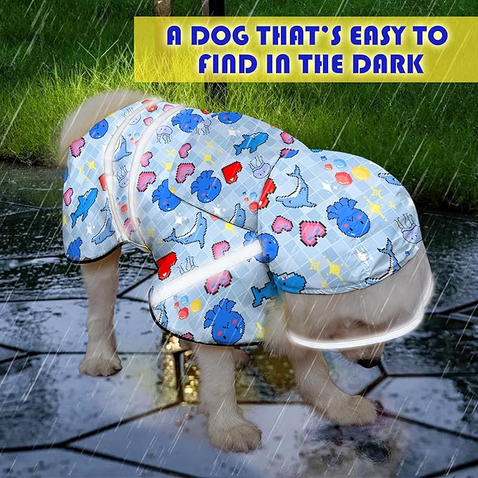 Dog Raincoat, Adjustable Rain Jacket with Hooded Double Layer for Large Medium Small Dogs Puppies, Lightweight Waterproof Rain Coat Poncho with Reflective Stripe Ocean Dolphin Blue,XXL