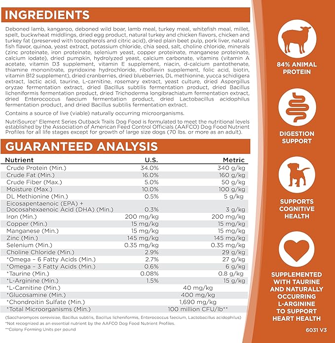NutriSource Element Series Outback Trails Dry Dog Food, Lamb, Kangaroo and Wild Board, 4LB