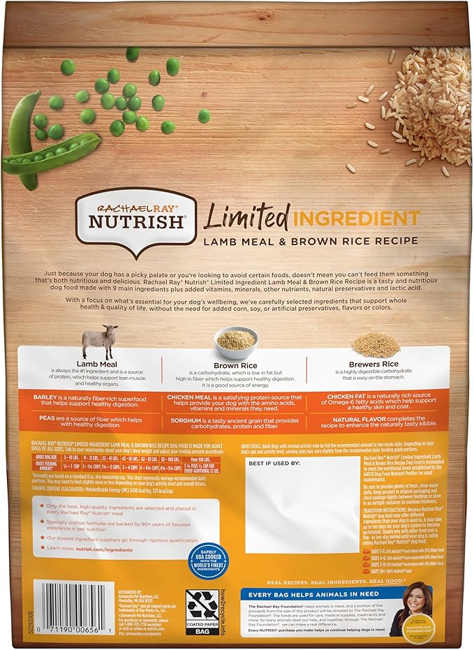 Rachael Ray Nutrish Just 6 Natural Dry Dog Food, Limited Ingredient, Lamb Meal & Rice, 6 Lbs