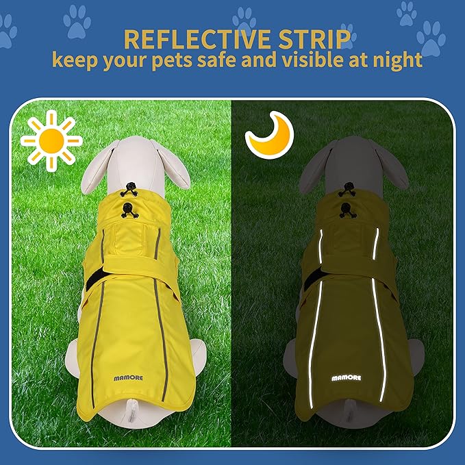 Waterproof Dog Raincoat with Reflective Strip, Adjustable Breathable Rain Coat Jacket with Leash Hole for Dogs (Blue, Large)