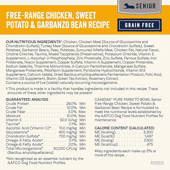 Canidae Pure Farm to Bowl Free-Range Chicken, Sweet Potato & Garbanzo Bean Grain-Free Senior Dog Food, Adult 12lb