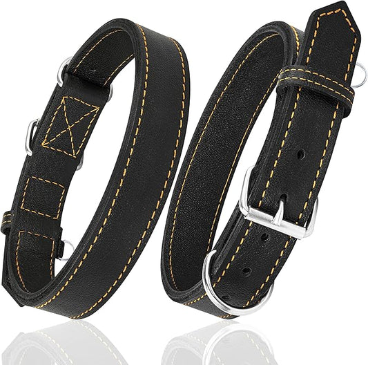 Riparo Dog Collar - Genuine Leather Dog Collars - Heavy Duty Dog Collars for Medium Large and Extra Large Dog Breeds (M: 1” Wide for 14” - 18” Neck, Black/Orange Thread)