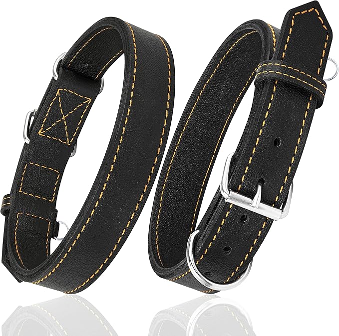 Riparo Dog Collar - Genuine Leather Dog Collars - Heavy Duty Dog Collars for Medium Large and Extra Large Dog Breeds (XL: 1.5” Wide for 22” - 26” Neck, Black/Orange Thread)