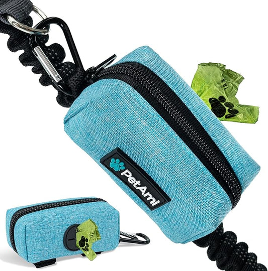 PetAmi Dog Poop Bag Holder for Leash Attachment, Doggie Zipper Pouch Soft Fabric Poop Bag Carrier, Dog Pet Waste Bag Dispenser with Carabiner Clip, 1 Roll of Dog Trash Bag (Blue, 1 Pack)