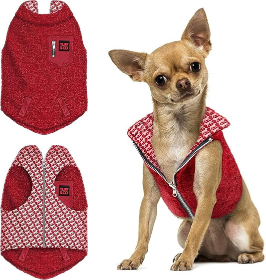 Tuff Pupper Reversible Fleece Sweater Vest for Dogs | Lightweight Comfortable Insulated Jacket | Front Zip Closure | Machine Washable | Built-in Leash Hole | Sizes for All Breeds (Small, Red)