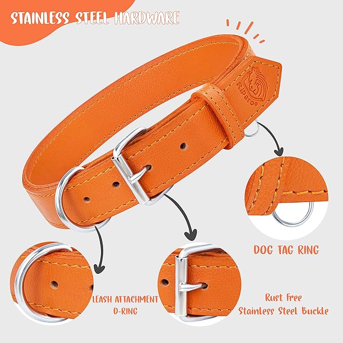 Riparo Dog Collar - Genuine Leather Dog Collars - Heavy Duty Dog Collars for Medium Large and Extra Large Dog Breeds (XL: 1.5” Wide for 22” - 26” Neck, Orange)