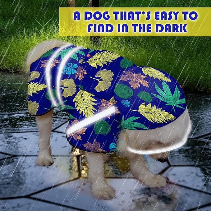 Dog Raincoat, Adjustable Rain Jacket with Hooded Double Layer for Large Medium Small Dogs Puppies, Lightweight Waterproof Rain Coat Poncho with Reflective Stripe Leaf Blue,XL