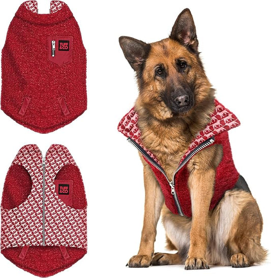 Tuff Pupper Reversible Fleece Sweater Vest for Dogs | Lightweight Comfortable Insulated Jacket | Front Zip Closure | Machine Washable | Built-in Leash Hole | Sizes for All Breeds (XL, Red)