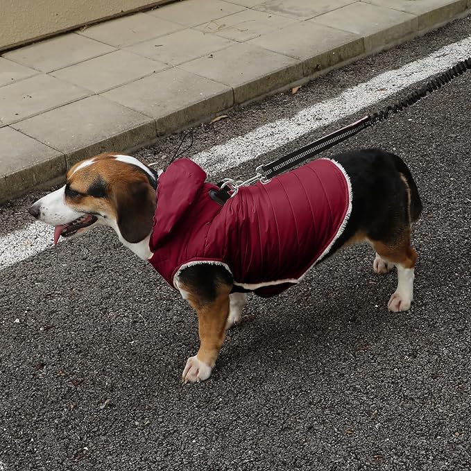Fleece Lining Dog Hoodie with Harness Built in,Extra Warm Large Dog Jacket in Winter Doggie Coats with Drawstring Hooded,Red XXL
