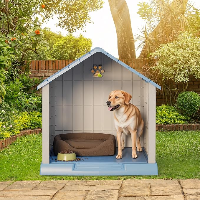 Dog House Outdoor Indoor - Waterproof, Ventilated, Easy to Clean, Elevated Floor for Small-Large Dogs, Easy to Assemble (Blue, 31" L x 33.3" W x 33.5" H)