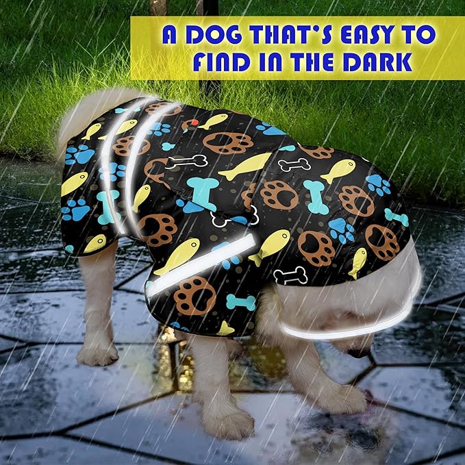Dog Raincoat, Adjustable Rain Jacket with Hooded Double Layer for Large Medium Small Dogs Puppies, Lightweight Waterproof Rain Coat Poncho with Reflective Stripe Paw Print Black,XXL