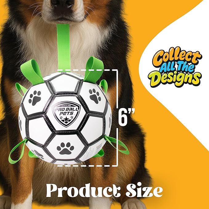 ProBall Pets Interactive Dog Soccer Ball with Grab Tabs - Floats on Water, Fetch & Training Toy for Medium Dogs, Herding Breeds - Waterproof Non-Toxic - 7" White Green