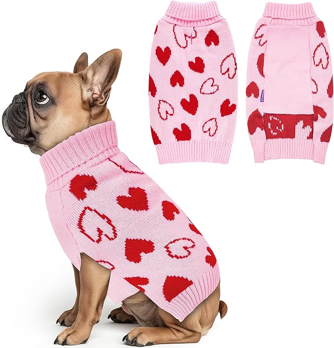 cyeollo Valentines Day Dog Sweater with Leash Hole Pullover Turtleneck Heart Pattern Holiday Theme Dog Clothes Pet Apparel for Small Dogs Pink