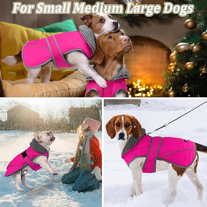 Dogcheer Dog Coat, Waterproof Dog Jacket Reflective Pet Winter Coat with Adjustable Hook & Loop, Christmas Puppy Fleece Jacket Warm Turtleneck Snowsuit for Small Medium Large Dogs - Pink, M
