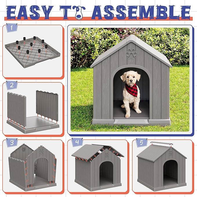 Dog House Outdoor Indoor, Plastic Small Dog House-Weatherproof & Insulated Design with Air Vents & Elevated Floor for Small to Medium Dogs, Easy Clean and Assemble (Grey)
