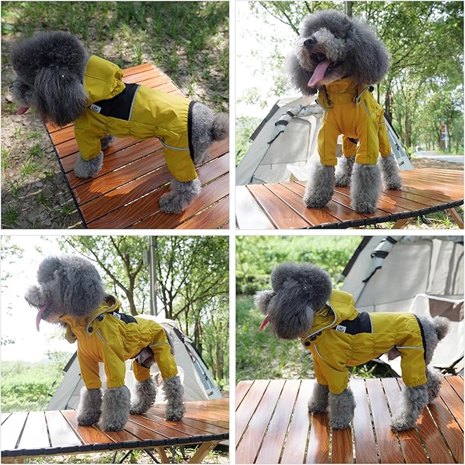 LOVELONGLONG Waterproof Dog Raincoat with Removable Hood – Outdoor Full Body Dog Jacket, Windproof Snowproof Shell Suit – All Season Pet Rain Gear Mustard Yellow XL