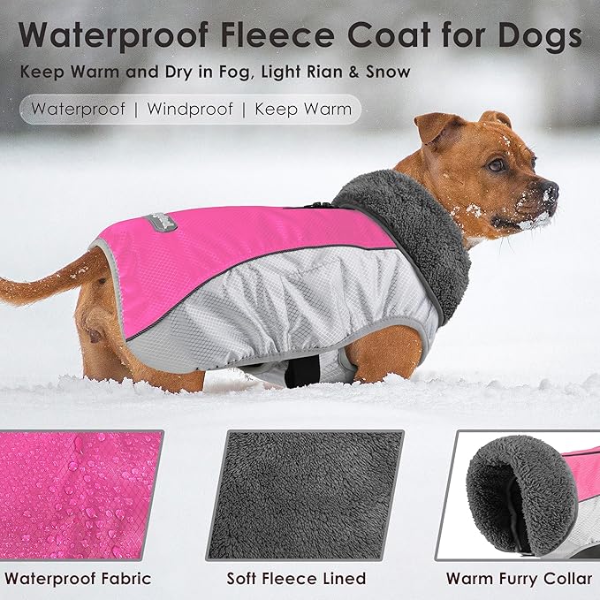 Dog Coat, Waterproof Ripstop Dog Winter Jacket with Leash Hole, Reflective Adjustable Warm Pet Fleece Snow Sweater for Small Medium Large Dogs - Pink, L