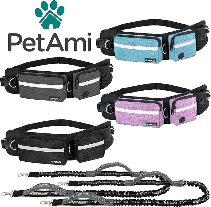 PetAmi Hands Free Dog Leash, Dog Running Leash Belt Bag for Walking, Jogging, Dog Waist Double Zipper Pouch with Poop Bag Dispenser, Dual Padded Handles Reflective Bungee Leash, Double (Turquoise)