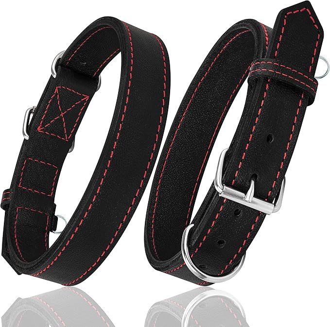 Riparo Dog Collar - Genuine Leather Dog Collars - Heavy Duty Dog Collars for Medium Large and Extra Large Dog Breeds (XL: 1.5” Wide for 22” - 26” Neck, Black/Red Thread)