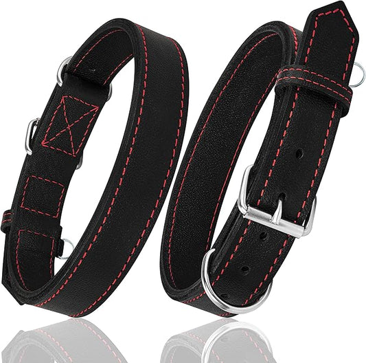 Riparo Dog Collar - Genuine Leather Dog Collars - Heavy Duty Dog Collars for Medium Large and Extra Large Dog Breeds (XL: 1.5” Wide for 22” - 26” Neck, Black/Red Thread)