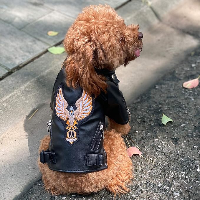 Lovelonglong Cool Dog Leather Jacket, Warm Coats Dogs Windproof Cold Weather Coats for Large Medium Small Dogs with Eagle Embroidery Black XXL