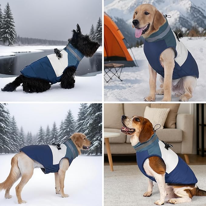 azuza Dog Jacket for Medium Dogs Waterproof Dog Coat with Reflective Strips and Harness Built in Warm Fleece Dogs Winter Coat Windproof with Back Zipper, Navy 2XL