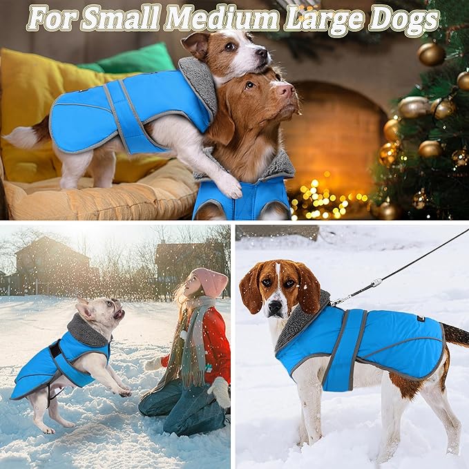 Dogcheer Dog Coat, Waterproof Dog Jacket Reflective Pet Winter Coat with Adjustable Hook & Loop, Christmas Puppy Fleece Jacket Warm Turtleneck Snowsuit for Small Medium Large Dogs - Sky Blue, L