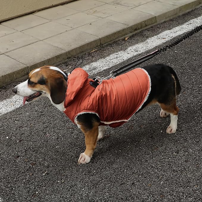 Fleece Lining Dog Hoodie with Harness Built in,Extra Warm Large Dog Jacket in Winter Doggie Coats with Drawstring Hooded,Orange XXL