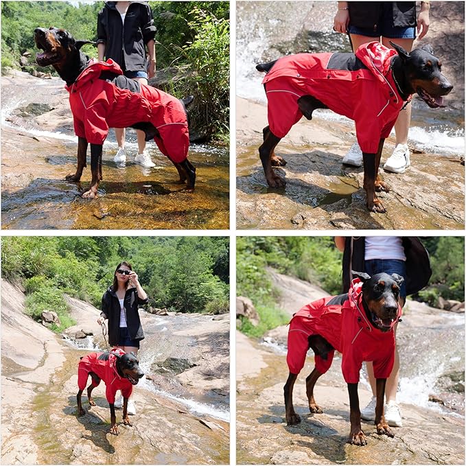 LOVELONGLONG Waterproof Dog Raincoat with Removable Hood – Outdoor Full Body Dog Jacket, Windproof Snowproof Shell Suit – All Season Pet Rain Gear Red XXL