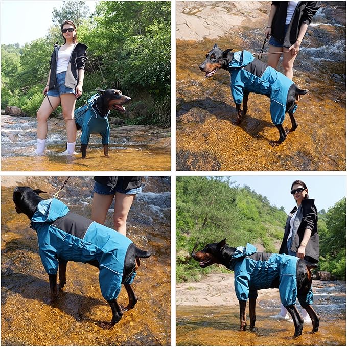 LOVELONGLONG Waterproof Dog Raincoat with Removable Hood – Outdoor Full Body Dog Jacket, Windproof Snowproof Shell Suit – All Season Pet Rain Gear Ocean Teal XL