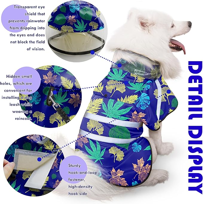 Dog Raincoat, Adjustable Rain Jacket with Hooded Double Layer for Large Medium Small Dogs Puppies, Lightweight Waterproof Rain Coat Poncho with Reflective Stripe Leaf Blue,XXL