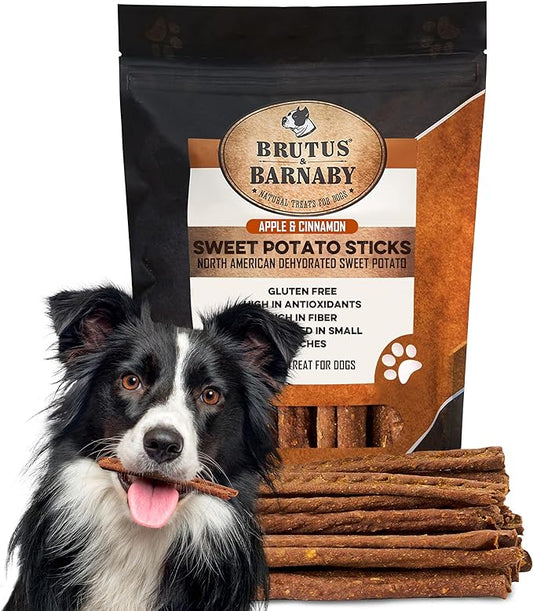 BRUTUS & BARNABY USA Sweet Potato Dog Treats - Crunchy Grain Free Cinnamon Apple Sticks, Promotes Positive Gut Health with Natural Anti-Diarrhea Properties (Cinnamon & Apple, 8 oz)