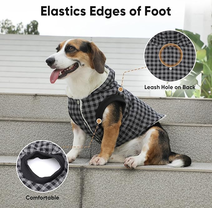 Fleece Lining Dog Hoodie for Small Dogs Extra Warm Plaid Sweater with Drawstring Hooded Coats in Winter Puppy Jacket,Black XS