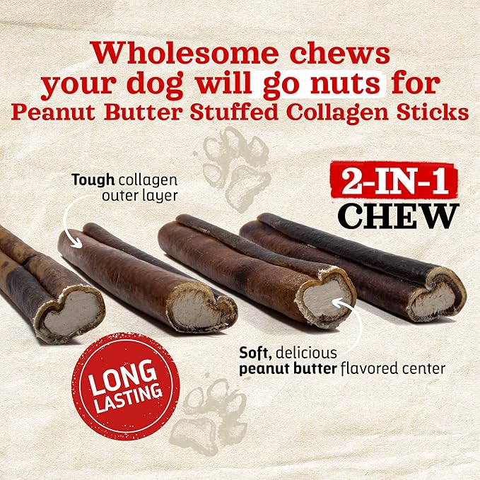 Natural Farm Peanut Butter Stuffed Collagen Sticks for Dogs (12 Inch, 5-Pack), Rawhide-Free Collagen Sticks, Natural Long Lasting Dog Chews for Small, Medium and Large Dogs, Great Rawhide Alternative