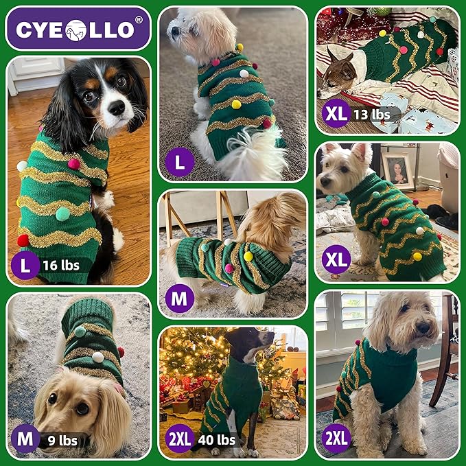 Cyeollo Christmas Sweater for Dogs - Turtleneck Glitter Holiday Clothes for Cold Weather Winter Pet Outfits