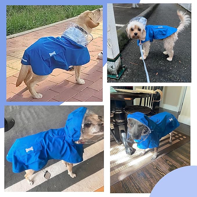 Waterproof Dog Raincoat, Adjustable Reflective Lightweight Pet Rain Clothes with Poncho Hood (X-Large, Blue)