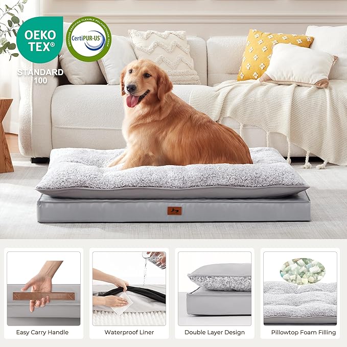Orthopedic Dog Bed for Ctrate, Waterproof PillowTop Pet Bed for Medium Large Size Dogs, Egg-Crate Foam Dog Crate Mat with Removable Washable Cover, 2-Layers Kennel Pad 55"L x 42"W, Light Grey